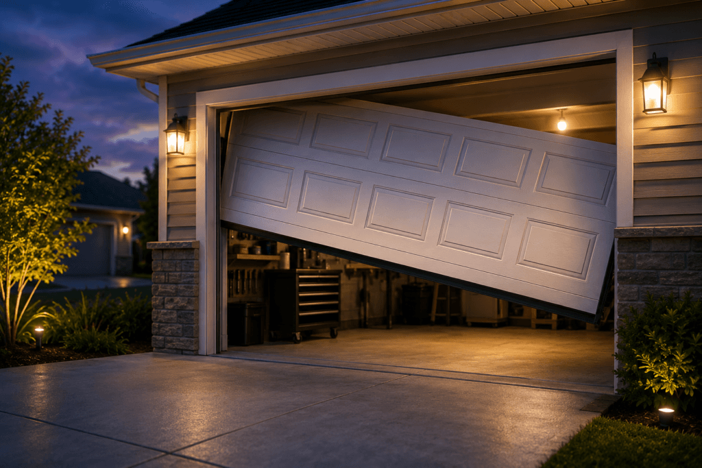 Emergency garage door repair showing a residential garage door stuck off track and partially open during an urgent repair