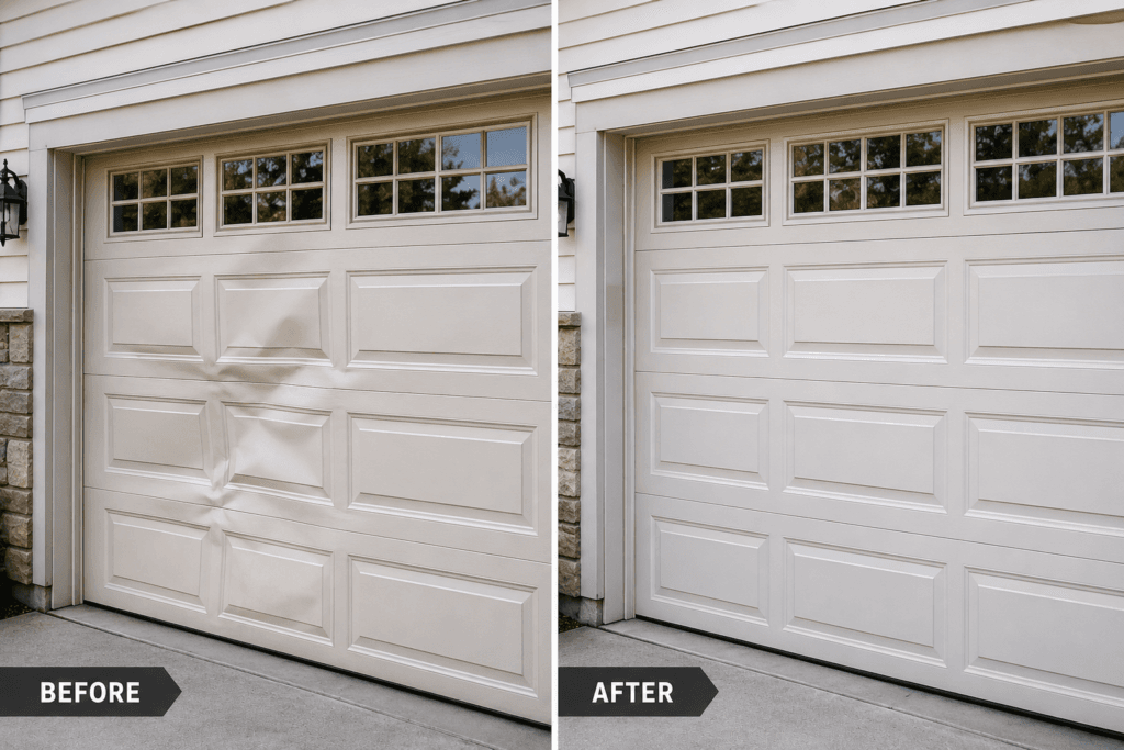 Damaged residential garage door panel illustrating professional garage door panel repair and replacement services