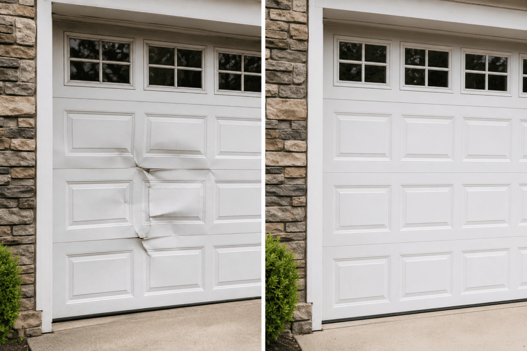 Garage door panel repair showing a repaired residential garage door with restored panels and improved curb appeal
