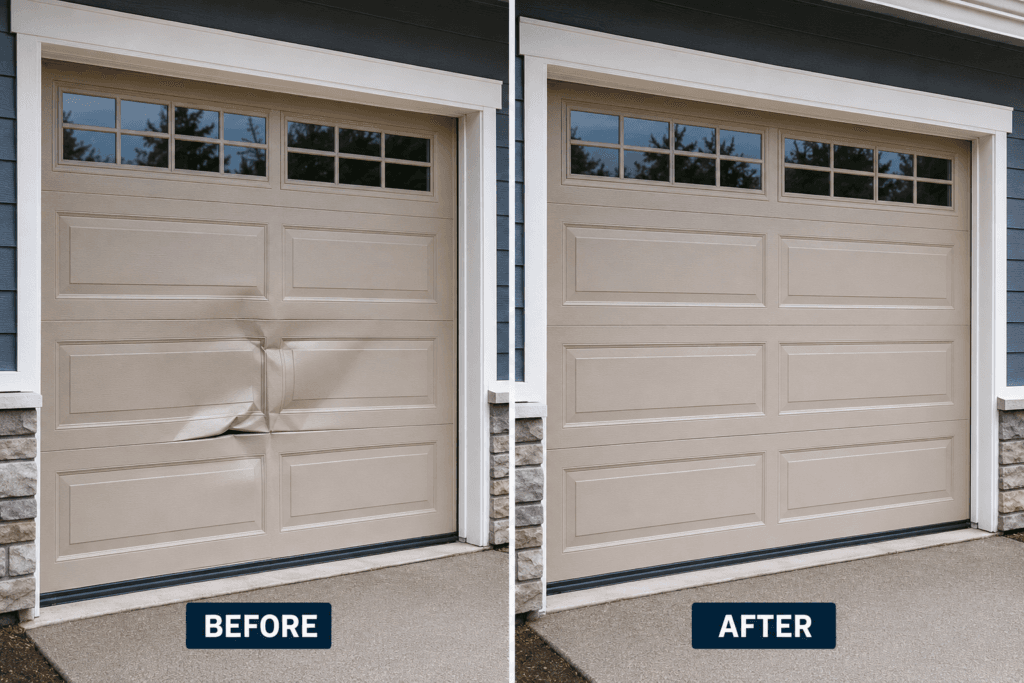 Garage door panel replacement on a residential home in Puyallup, WA.