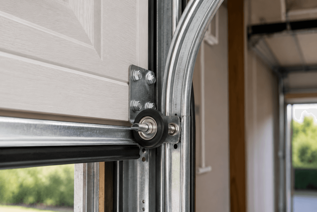 Garage door roller repair featuring a residential roller and track system for smooth, quiet, and reliable door operation