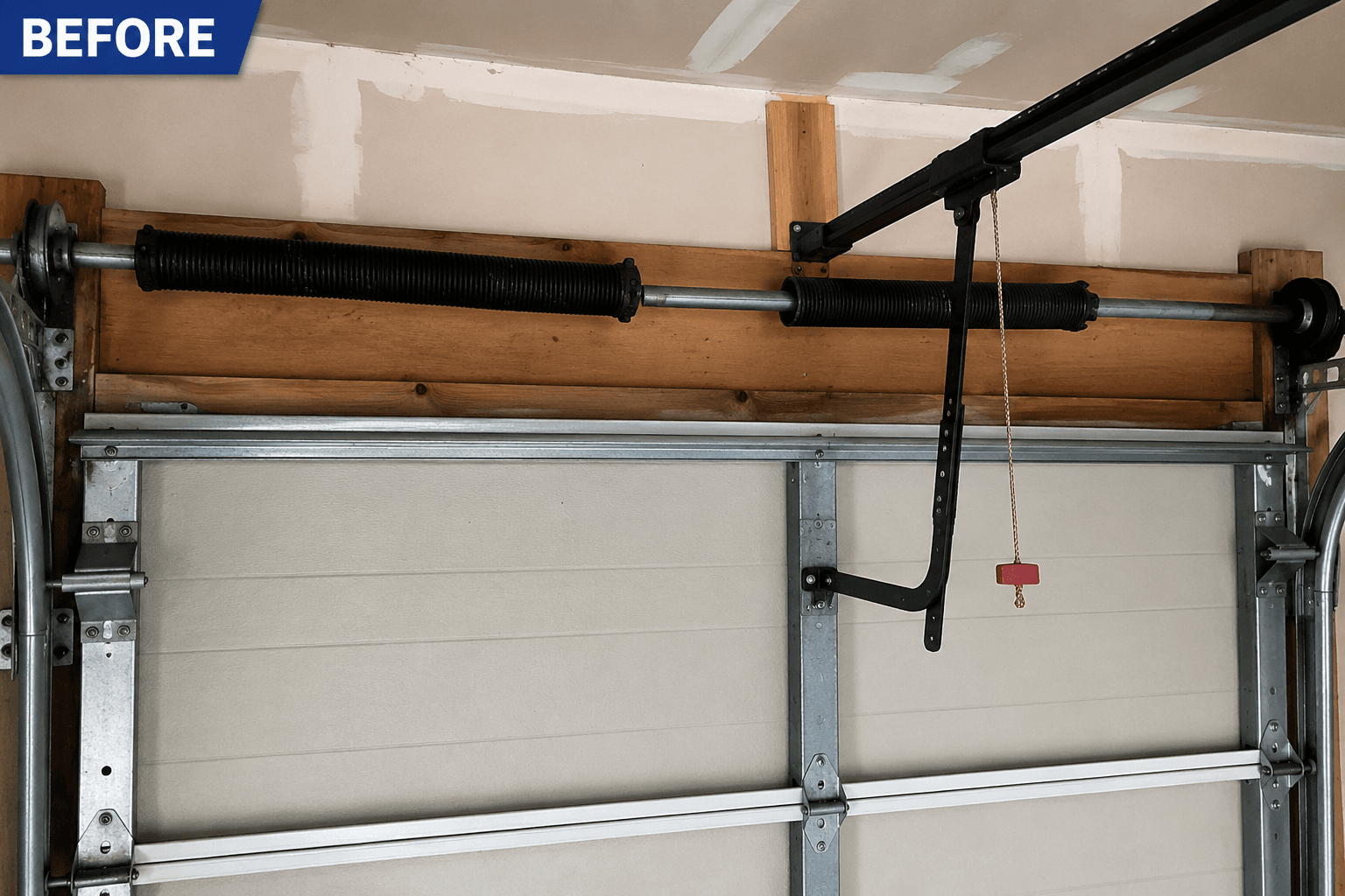 Before garage door spring replacement in Lakeland Hills showing a broken torsion spring preventing the door from opening.