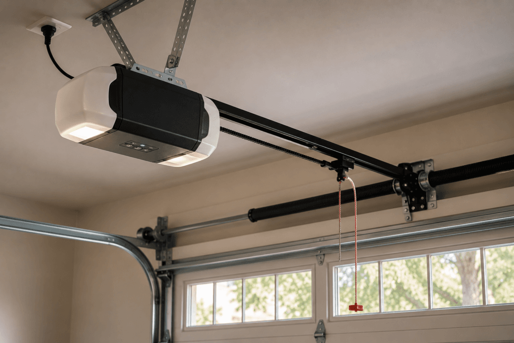 Garage door opener repair featuring a modern ceiling-mounted opener with rail system in a residential garage