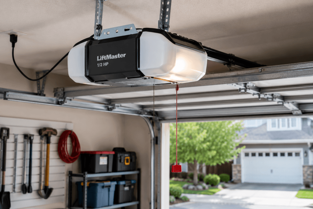 Garage door opener system installed in a residential garage in Puyallup, WA.