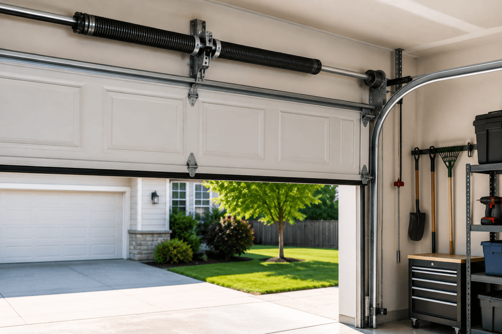 Garage door spring repair showing a residential torsion spring system restoring smooth, safe, and balanced door operation