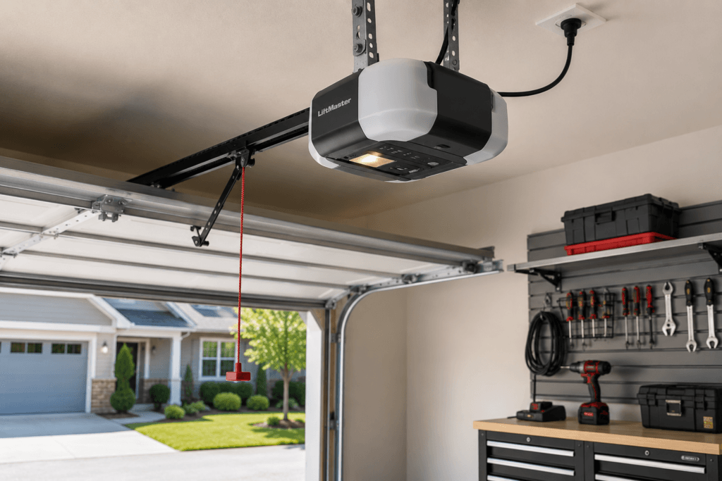 Garage door opener repair with a modern residential opener, rail system, and sensors operating smoothly after service.