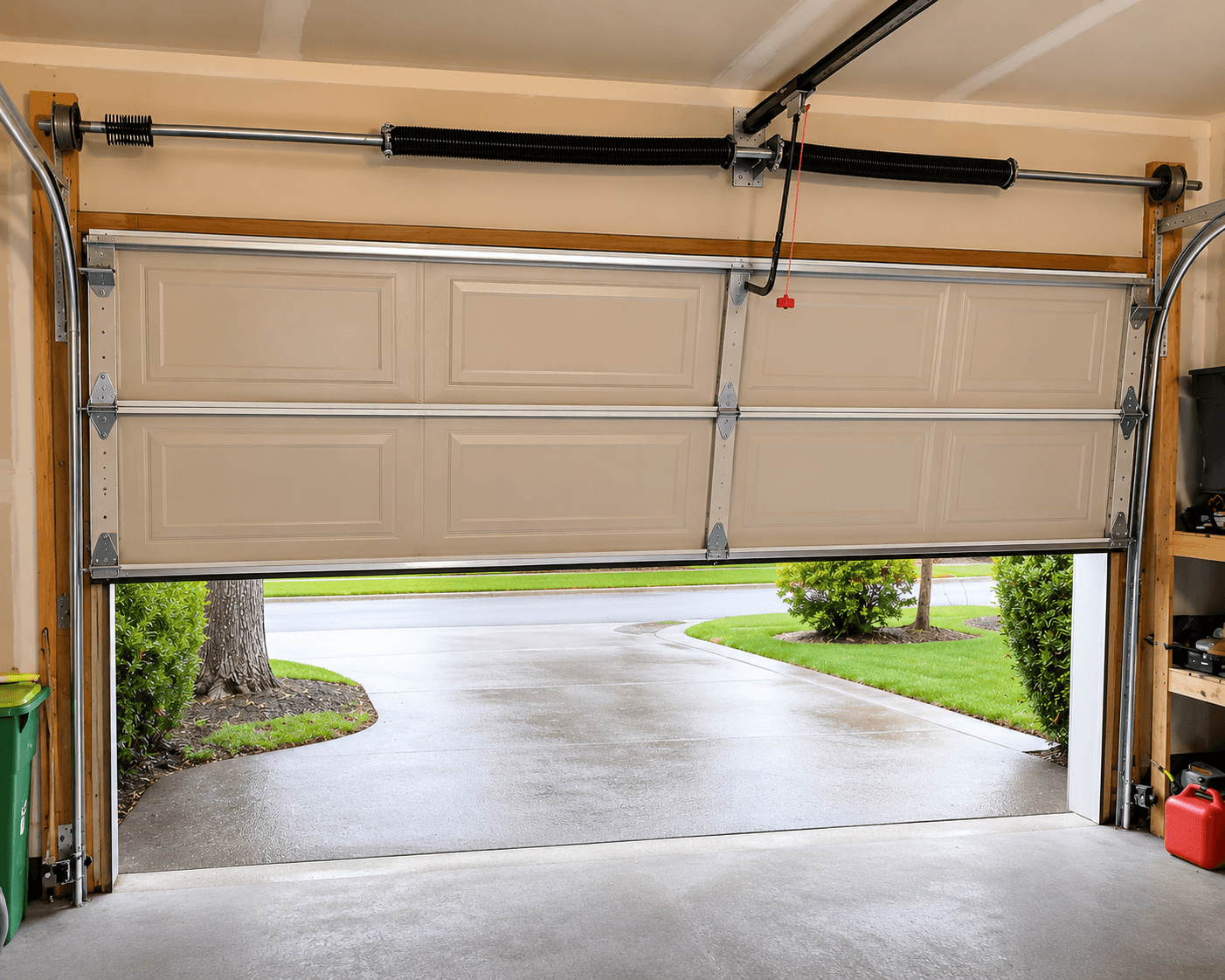 Neat garage with open door view