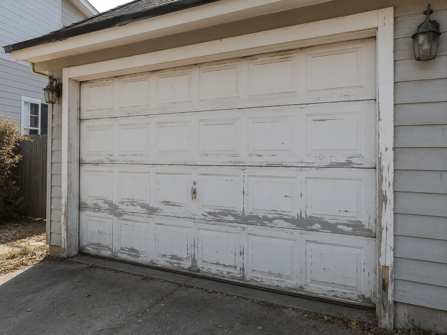 Before garage door installation showing an aging residential garage door with peeling paint near Gem Heights