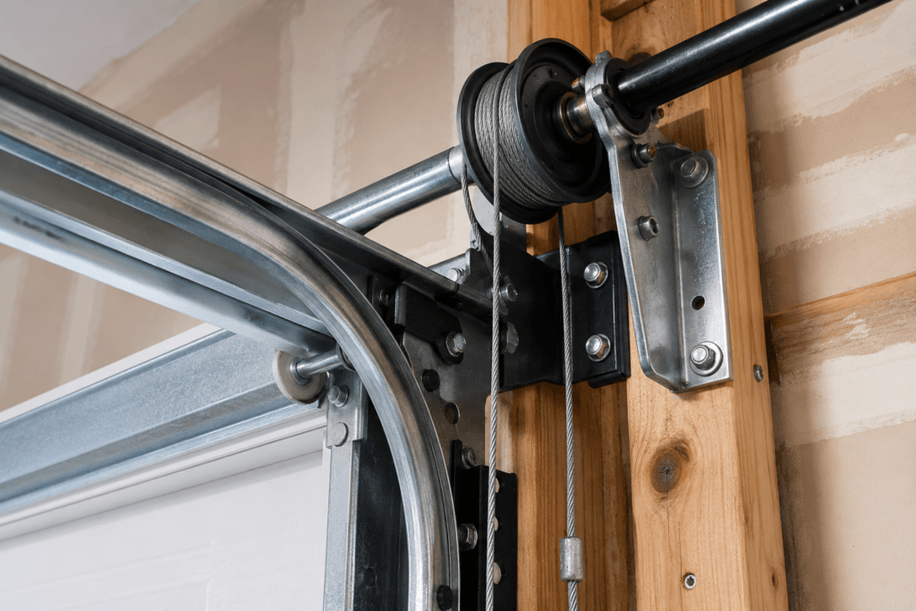 Garage door cable repair showing a residential lift cable, drum, and track assembly for safe and reliable door operation