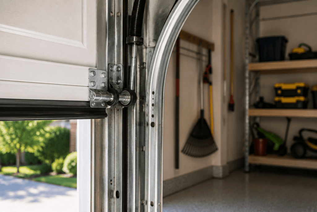 Garage door maintenance featuring a residential roller, track, and hardware system for safe, reliable, and smooth operation.