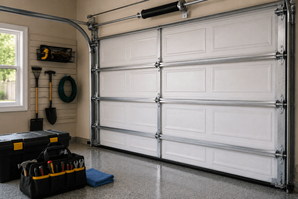 Garage door maintenance featuring a clean residential garage with a well-maintained door, tracks, springs, and opener system