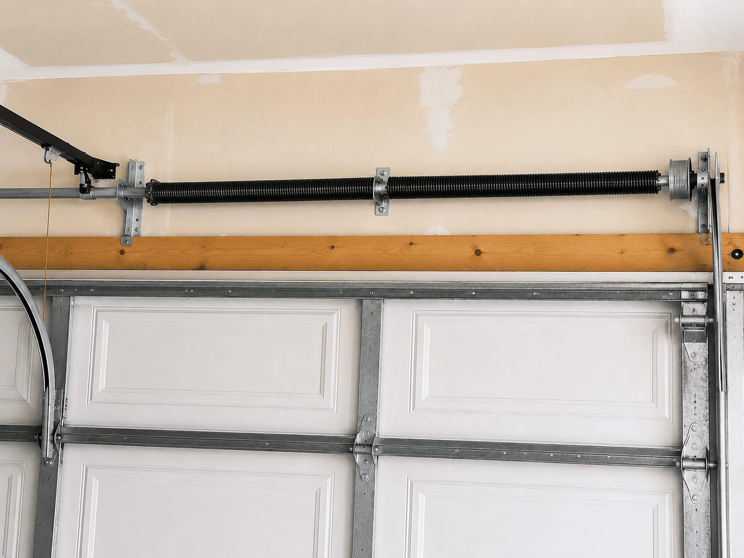 Completed garage door spring replacement with a new torsion spring restoring