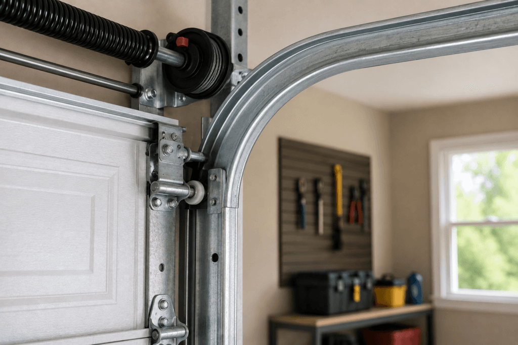 Garage door track, roller, and torsion spring components during routine garage door maintenance and safety inspection