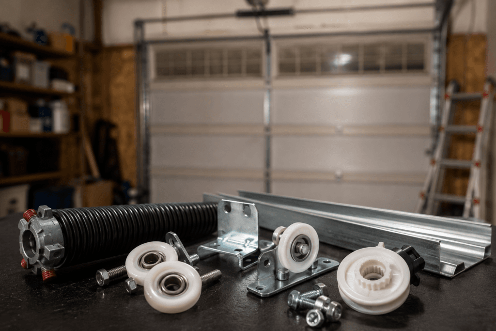 Garage door repair cost in Sumner featuring common residential garage door replacement parts used for professional repairs