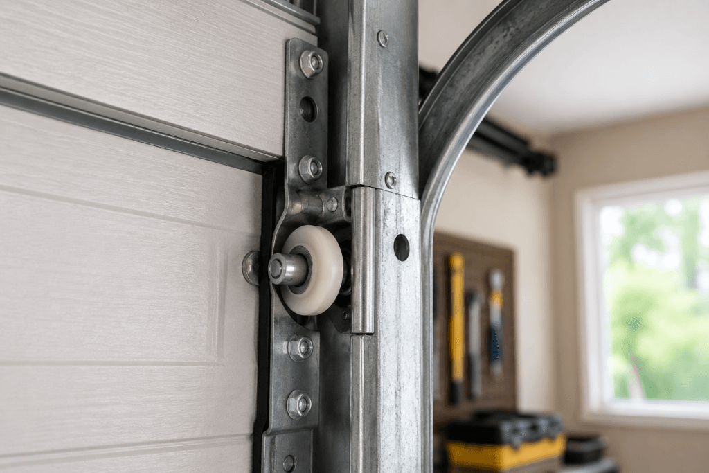 Garage door roller installed inside a residential garage track during professional garage door roller repair service