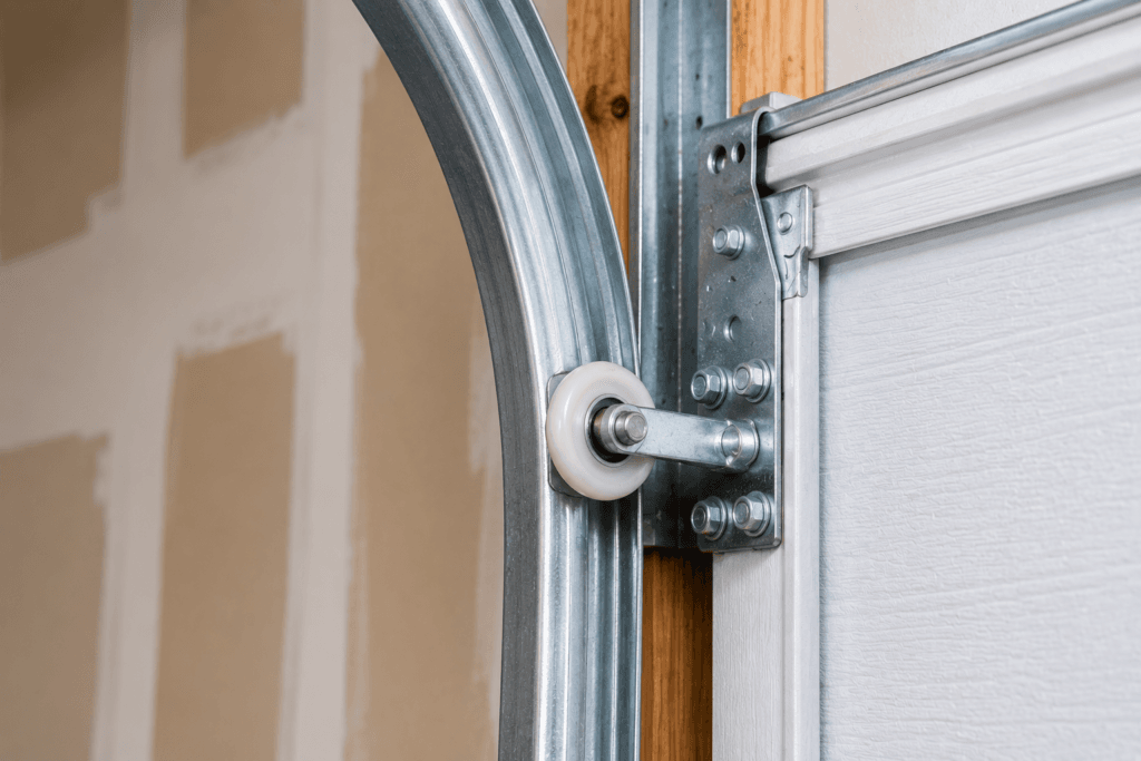 Garage door roller repair showing a nylon roller and steel track assembly for smooth, quiet residential garage door operation