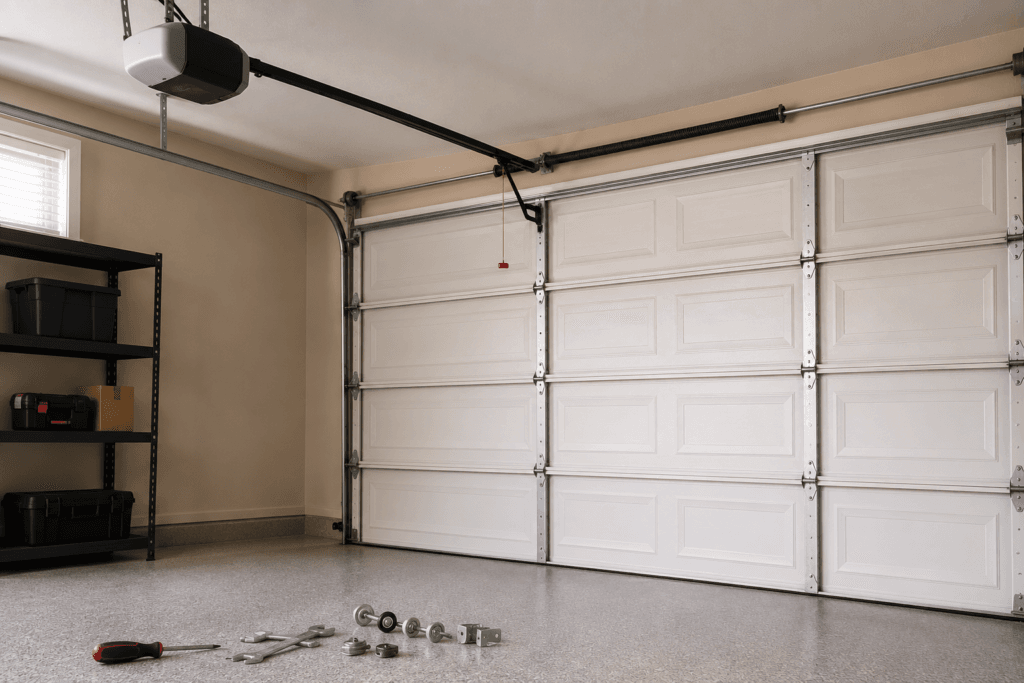 Residential garage with springs, rollers, and hardware illustrating common garage door repair components and costs