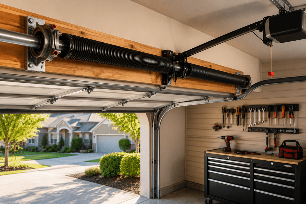 Garage door spring repair showing a residential torsion spring system restored for safe and reliable garage door operation.