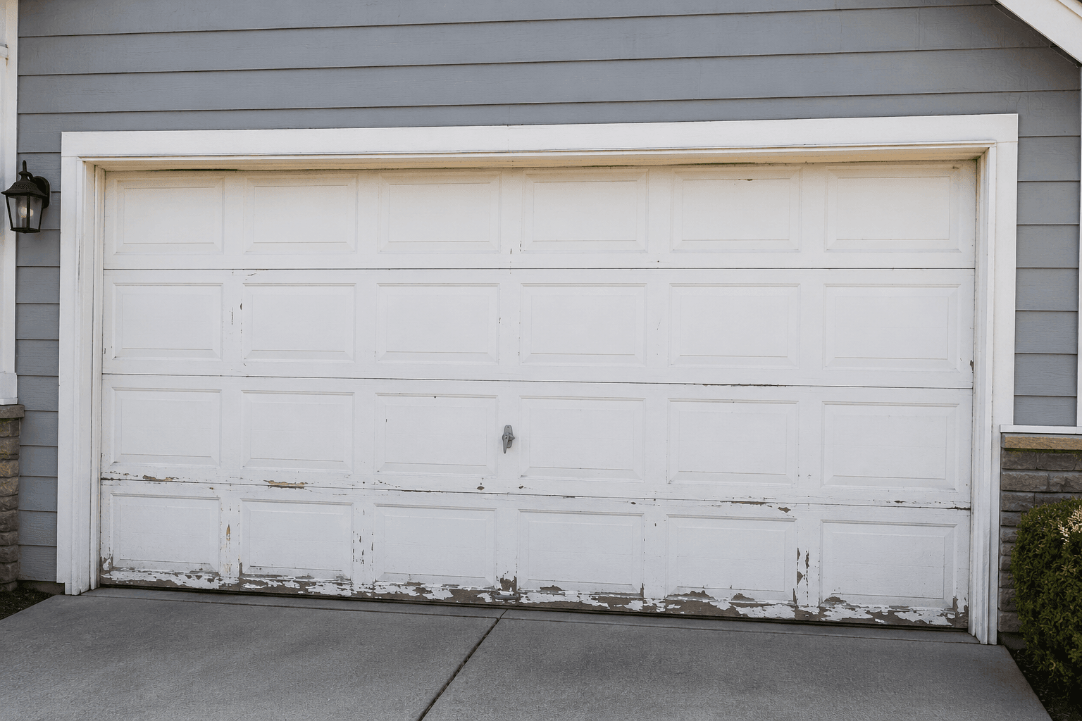 Before garage door installation showing an older worn residential garage door ready for replacement in East Sumner.