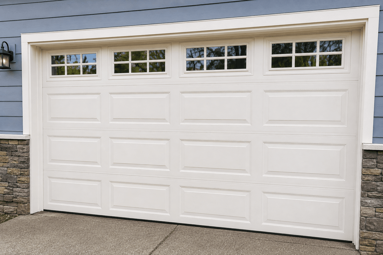 After garage door panel repair showing a fully restored residential garage door with seamless lower panels in North Sumner