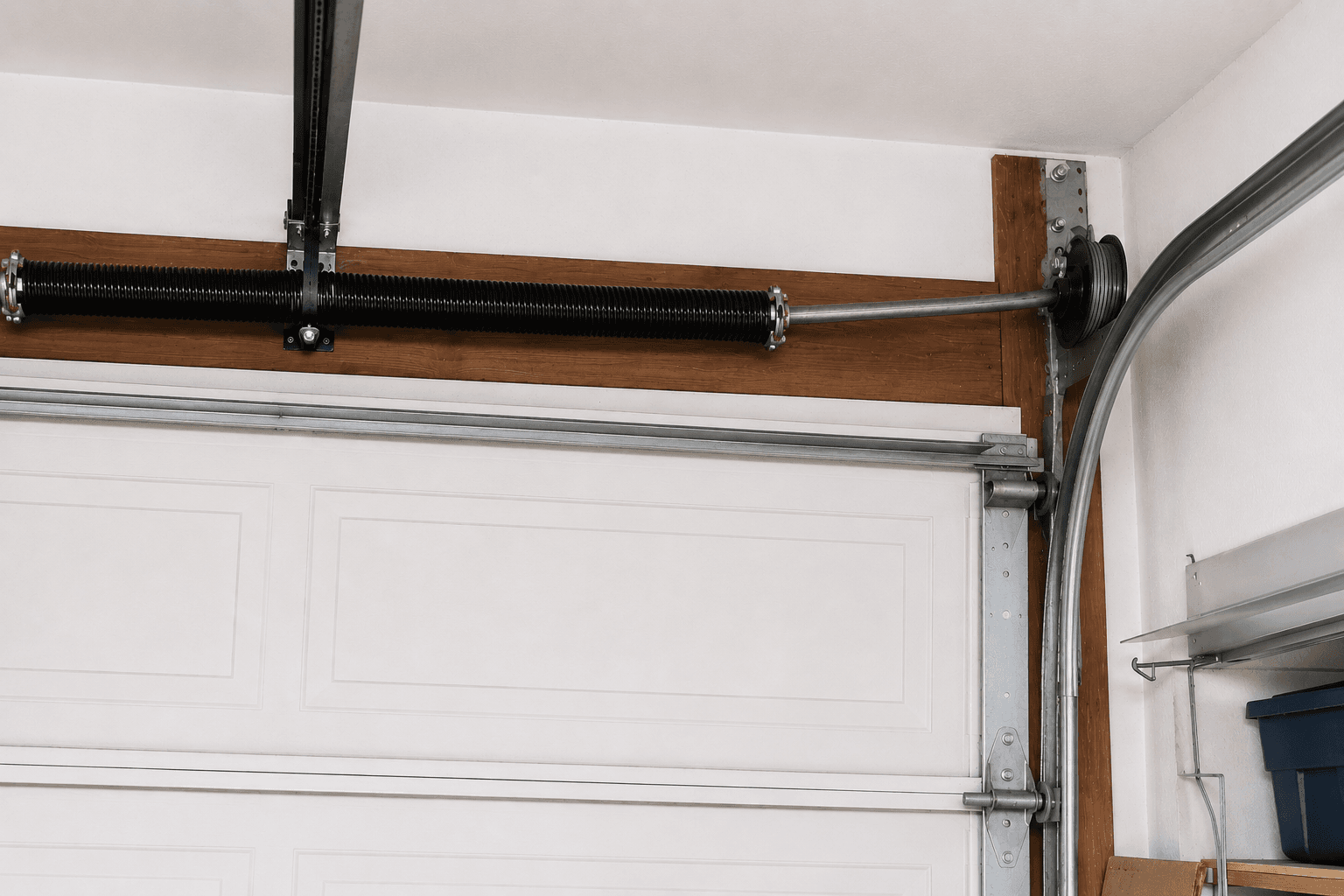 Before emergency garage door cable repair showing a snapped cable and uneven garage door in South Tacoma