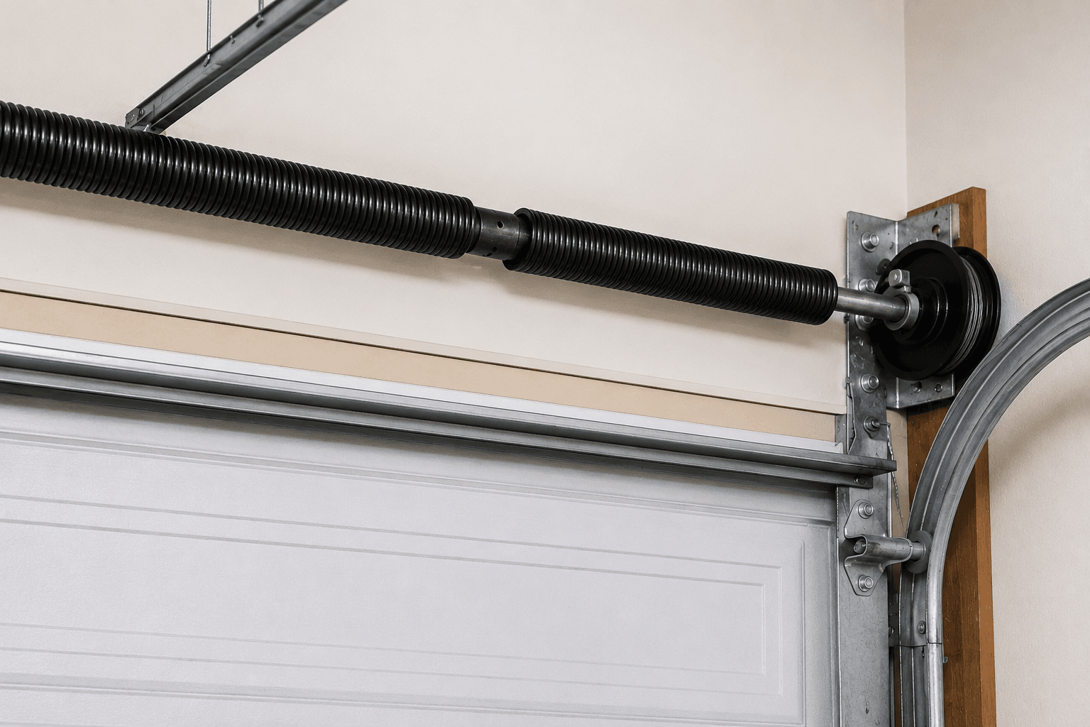 After garage door spring replacement showing a new torsion spring installed above a residential garage door in North Tacoma