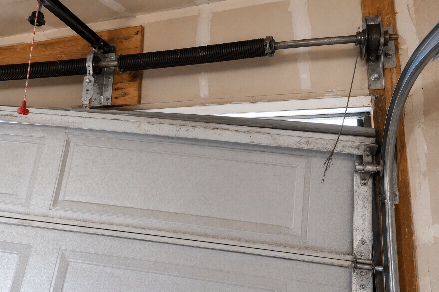 Before emergency garage door cable repair showing a snapped cable and uneven garage door in South Tacoma