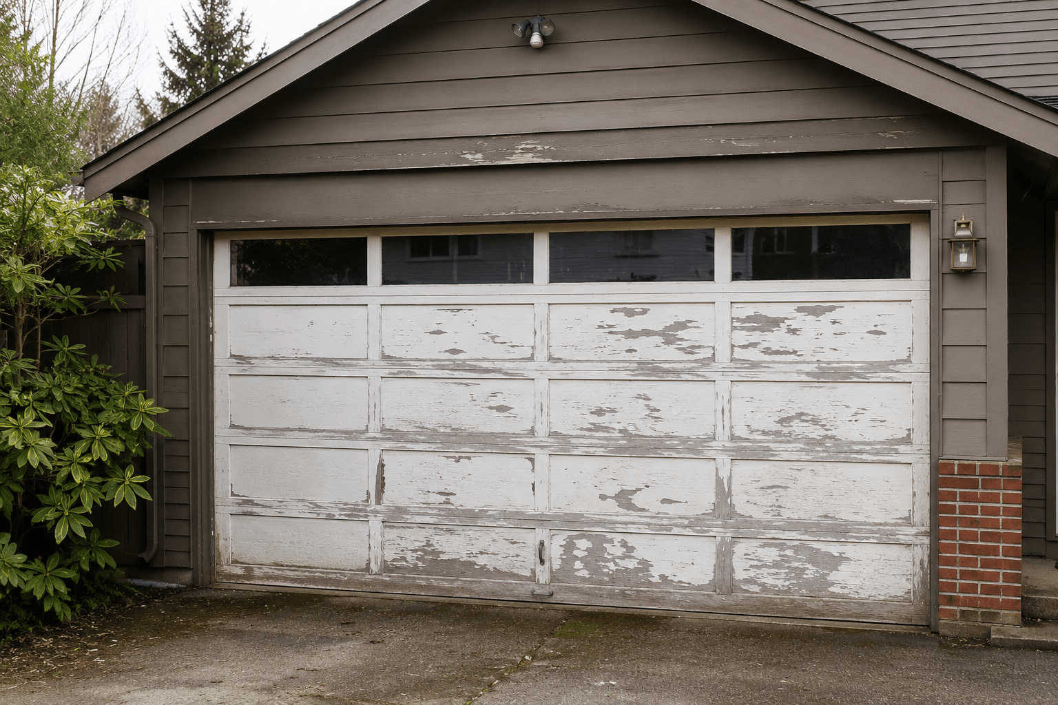 Before garage door installation showing an older weathered garage door ready for replacement in University Place