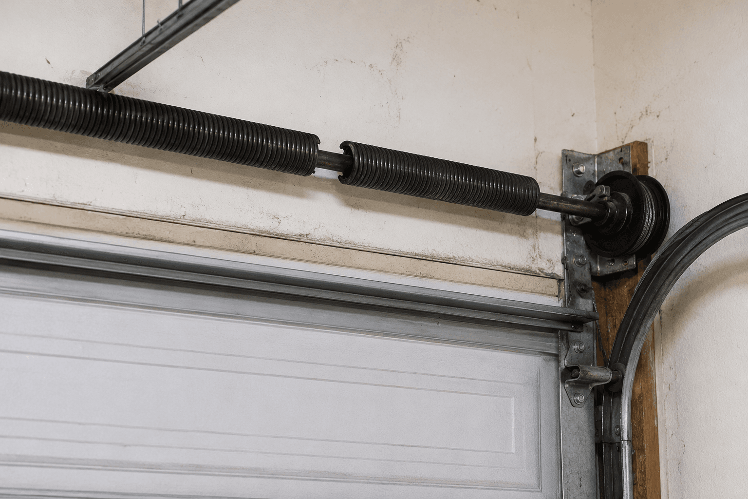 Before garage door spring replacement showing a broken torsion spring above a residential garage door in North Tacoma