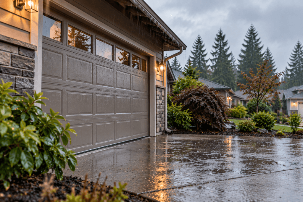 Residential garage door and wet driveway during a rainy day in Puyallup, Washington
