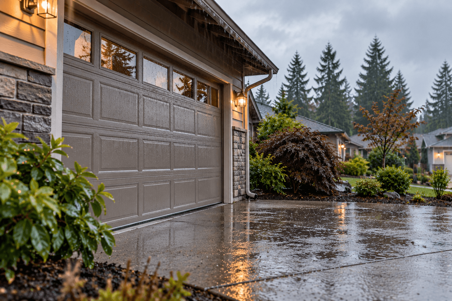 Residential garage door and wet driveway during a rainy day in Puyallup, Washington